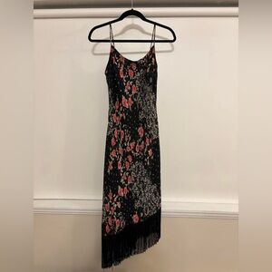 Asymmetrical Black Dress with Fringe & Floral Pattern